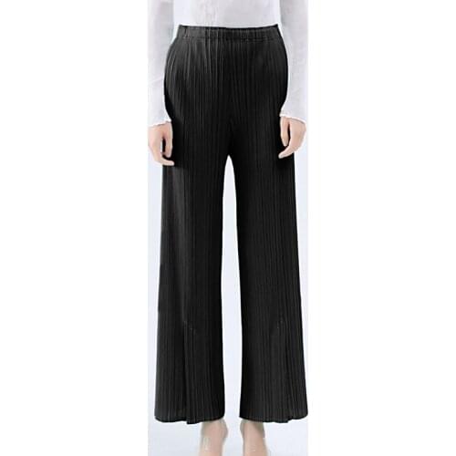 2020 Miyake summer autumn casual split aesthetic black pants womens simple loose stretch pleated trousers straight trousers