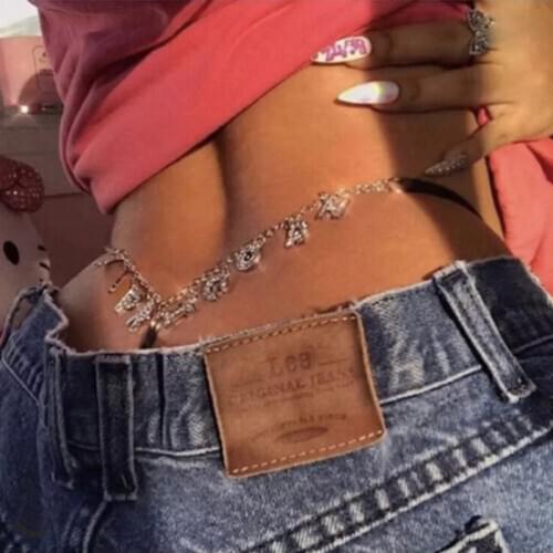 Silver Color Crystal Letter 12 Constellations Thong Body Chain Women Alphabet Charms Belli Belly Waist Belt Sexy Party Jewelry