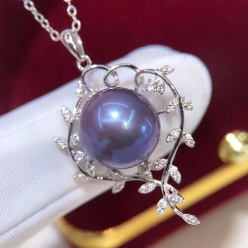 D822 Pearl Pendant Fine Jewelry 925 Sterling Silver Round 12-13mm Nature Fresh Water Purple Pearls Pendants Necklaces Presents