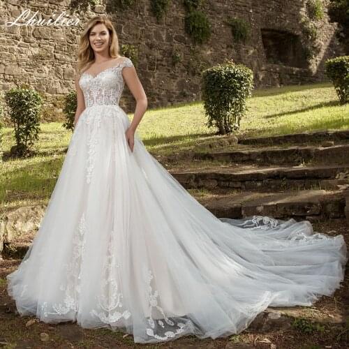 Lhuilier Elegant A Line Scoop Neck Illusion Lace Wedding Dresses Cap Sleeves Beaded Appliques Floor Length Bridal Gowns