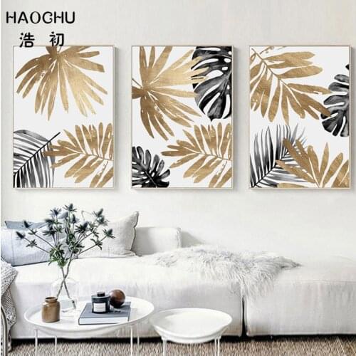 HAOCHU Modern Luxury Gold Black Banana Leaf Green Plant Canvas Painting for Living Room Wall Art Posters and Prints Home Decor
