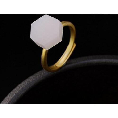 Natural hetian white jadeite jade ring unique hexagonal ring with 925 sterling silver rings 925 ring nickles women jade jewelry