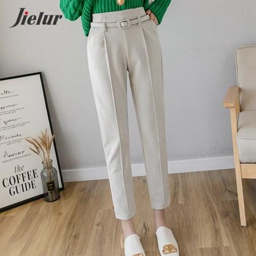 Jielur Winter Woolen Womens Trousers High-waisted Fashion Straight Female Pants Casual Office Lady Apricot Pants Sashes S-XXL