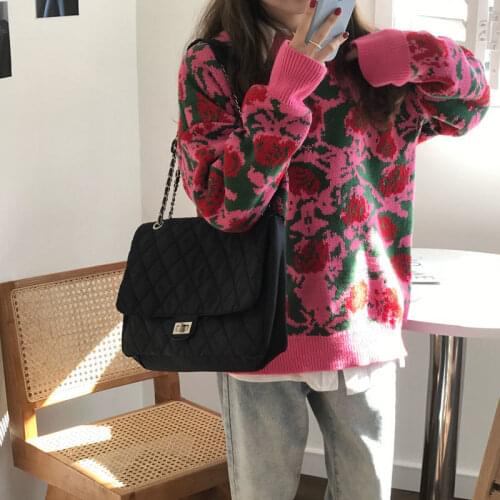 Korobov Korean O Neck Long Sleeve Oversize Sweaters Pullovers Japanese Style Rose Knit Sweater Vintage Elegant Jumpers