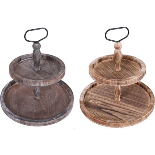 Round Double Layer Wooden Cake Stand Holder with Metal Handle Dessert Table Tray Cupcake Display Rack Birthday Wedding Bar