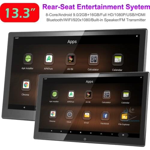 2PCS 13.3" Android 9.0 Car Headrest Screen Monitor HDMI WIFI Bluetooth USB 1080P