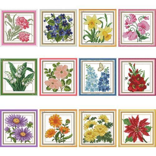 Twelve months flower series DMC cross stitch kit 14ct11ct count print canvas cross stitch DIY handmade embroidery kit needlework