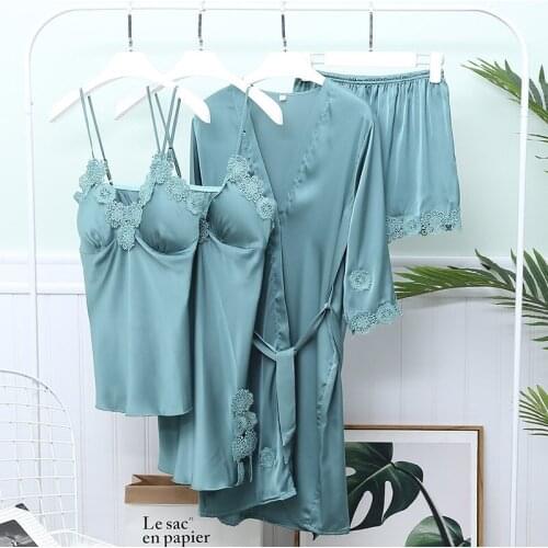 Nightwear Women Spring Summer Sexy Faux Silk 4 Piece Sets with Chest Sling Shorts Suit Thin Nightgown V-Neck sleepwear