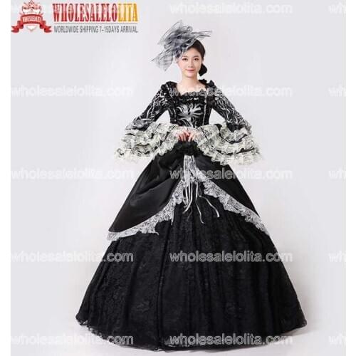 Brand New Black Printed Marie Antoinette Dress 18th Century Civil War Southern Belle Ball Gown With Train Theatre Costume