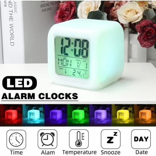 Newest Alarm Clock LED 7 Colour Change Digital Glowing Night Light Clock Temperature Monitor Suitable for Kids Bedroom Office