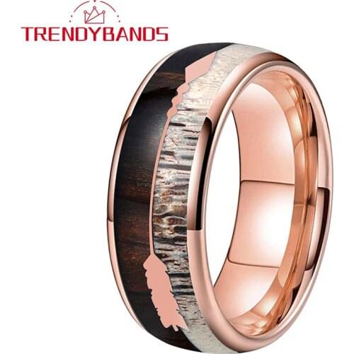 8MM Womens Mens Rose Gold Wedding Bands Tungsten Carbide Rings Natural Deer Antler Koa Wood Arrow Inlay Comfort Fit