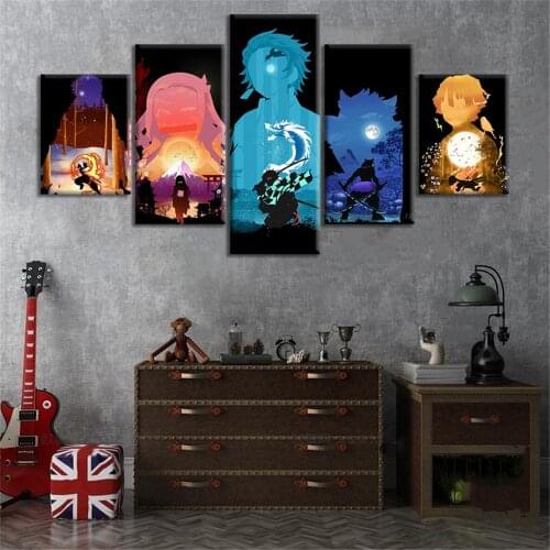 5pieces Demon Slayer Anime Poster Five Main Characters Pictures Prints on Canvas Manga Black Wall Painting Room Decor