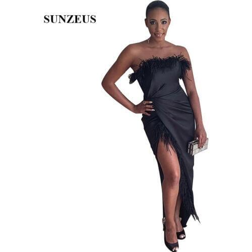 Sheath Strapless Black Prom Dresses With Feathers Sexy Side Slit Long Party Gowns For Women Gala Jurken