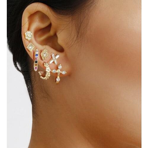 Simple wild college online celebrity earrings with rhombus colored rhinestone earrings set combination for women gifts 2020