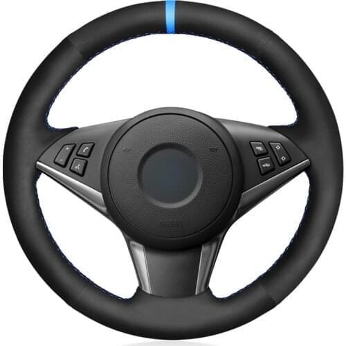 Hand-stitched Black Suede Car Steering Wheel Cover for BMW E60 E61 (Touring) 530d E63 2003-2010 E64 2004 2005 2006 2007-2010