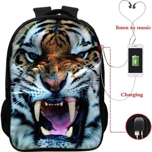 White Tiger Backpack Children School Bags Teenagers Boys Bookbag Kids Backpack Zoo Animal Tiger Prints Bagpack with CHARGER