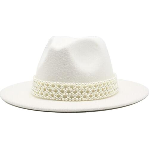2020 Women Wide Brim Imitation Wool Felt Fedora Hats Fashion Church Party Female Dress Hat Pearl Ribbon Decor White Hat