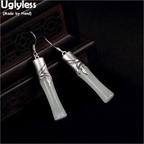Uglyless 100% Real 925 Sterling Silver Handmade Pandas Favorite Bamboo Leaves Earrings Natural Jade Bamboo Women Fine Jewelry