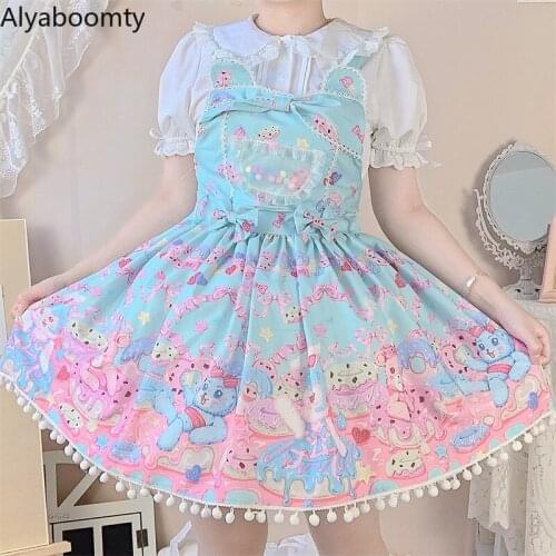 Japanese Women Lolita Mini Dress Pink Yellow Blue Green Donut Animal Print Cute Sleeveless Dress Kawaii Party Tassel Sundress