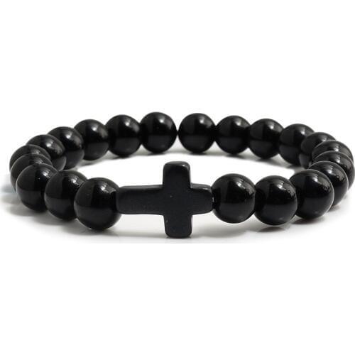 8MM Bright Frosted Stone Cross Bracelet Muticolor Turquoises Male&Female Bangle Jesus Pray Women Men Jewelry Elastic Rope String