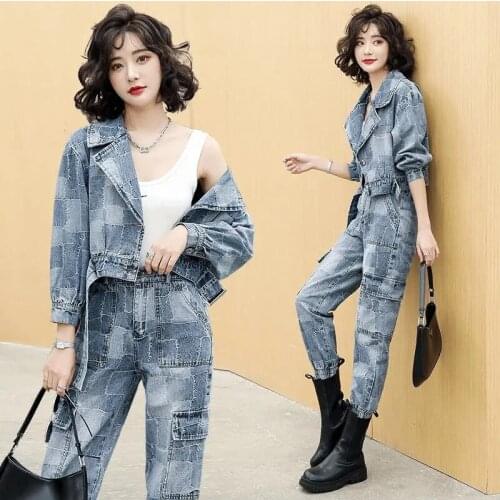 Female Jacket Tooling Denim Suit 2021 Female Spring Autumn New Hong Kong Style Fashion Short Coat Casual Two-piece Buttons Suit