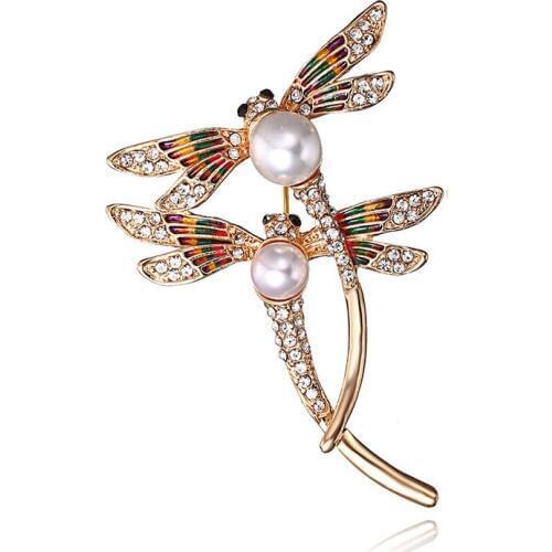 JOYME Rhinestone Simulated Pearl Enamel Dragonfly Brooches For Women Men High Quality Brooch Pins Christmas Gift
