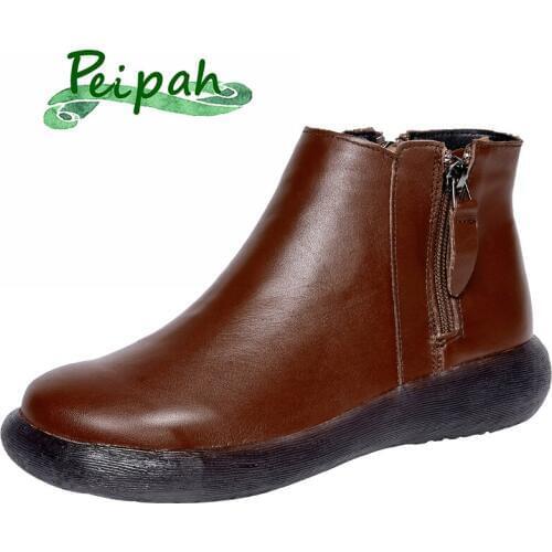 PEIPAH Genuine Leather Chelsea Woman Shoes Spring/Autumn Ankle Boots Women Flat with Shoes Zip Fur Platform Boots Botas Mujer