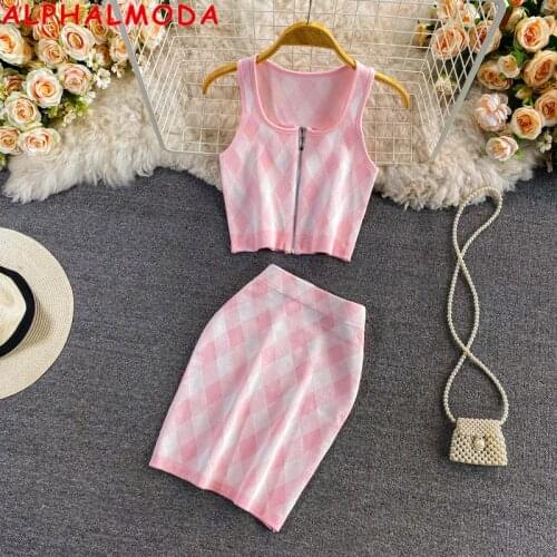 ALPHALMODA 2021 Summer New Korean Sweet Pink Plaid Vest High Waist Knitted Skirt Women 2pcs Sweet Suit Bodycon Step Skirt Set