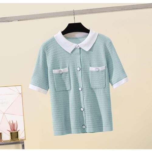 Summer Newly Green Cropped Cardigans Women 2021 Loose Ladies Short Knitted Sweaters Short Sleeve Lapel Chic Streetwear Top