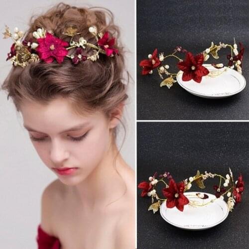 Red Flower Bridal Hair Jewelry Gold Hollow Headband Bride Tiara Headpiece Wedding Hair Accessories