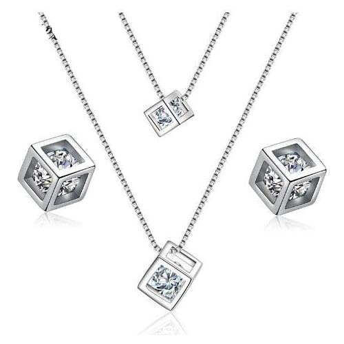 2019 Bijoux New Bridal Jewelry Sets 925 Sterling Silver Layer Choker Necklaces Cubic Zirconia Cubes Box Earrings for Women Gift