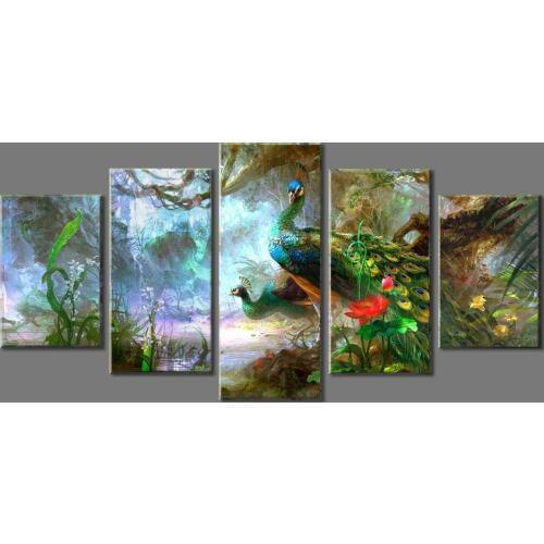 Canvas Prints Wall Art Blue Peacock 5 Panels Canvas Print Abstract Beautiful Bird Painting Canvas Art for Home Decoration