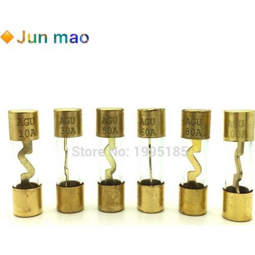 5Pcs 10*38MM Gold Plated Glass AGU Fuse Fuses Pack Car Audio Amp Amplifier 10A 15A 20A 25A 30A 40A 50A 60A 70A 80A 100A Car Fuse