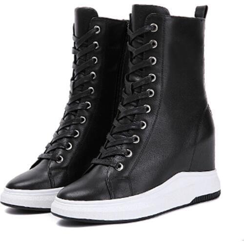 High Heel Wedged Ankle Boots Sneakers 8cm Height Increasing Genuine Leather Hidden Heel Breathable Platform Sports Walking Shoes
