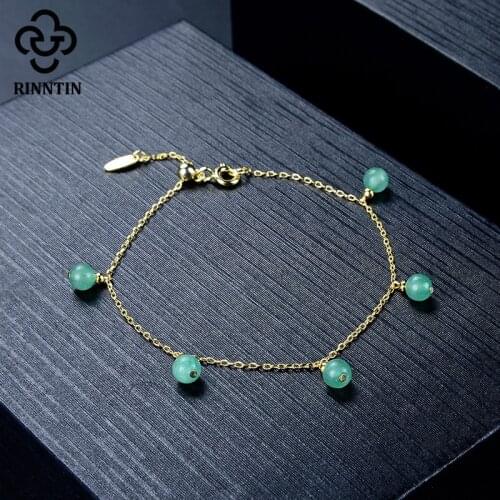 RINNTIN 925 Sterling Silver Bracelet With Natural Aventurine Simple Design women Birthday Gift Fine Party Jewelry TSB45