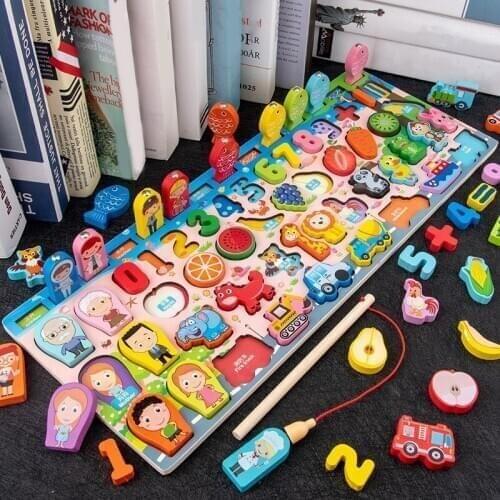Kids Wooden Toys Matching Board Math Fishing Count Numbers Traffic Fruit Animals Early Educational Toys