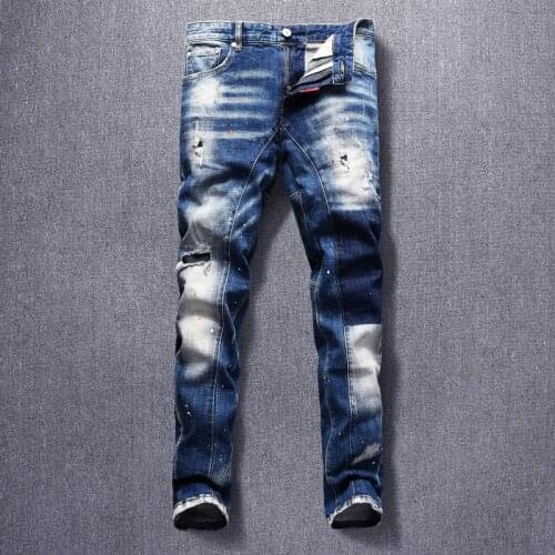 Italian Style Fashion Men Jeans Retro Blue Elastic Slim Fit Ripped Jeans Men Streetwear Paint Designer Hip Hop Denim Punk Pants