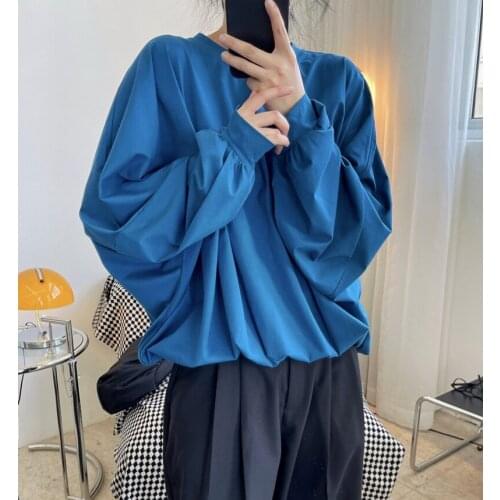 Autumn New Ladies Design Sense Elastic Round Neck Long-sleeved T-shirt Drop Shoulders Loose and Thin Womens Top Clothes WH76