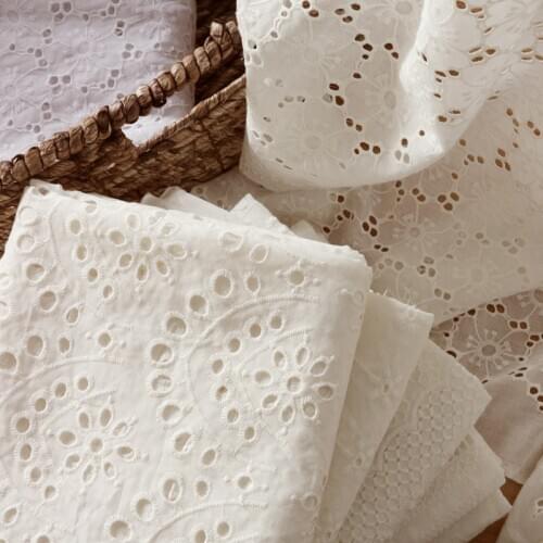 Cotton Pure White Hollow Lace Wedding Dress Fabric Embroidered Fabric Fashion Clothing Fabric Dress DIY Apparel Sewing Fabric