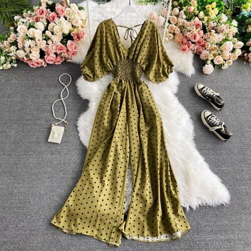 Polka Dot Print Sexy Romper Elegant Women Jumpsuits Summer Autumn V Neck Casual Wide Leg Beach Bandage Female Trousers Playsuit