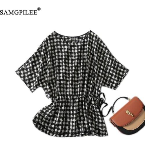 Summer Women T Shirt 2021 New Fashion O Neck Black And White Plaid Drawstring Waist Korean Style Chiffon T-shirts plus size 4XL