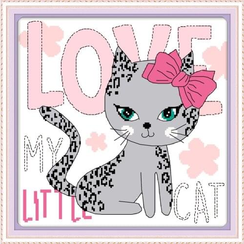 A little grey cat cross stitch kit aida 14ct 11ct count print canvas stitches embroidery DIY handmade