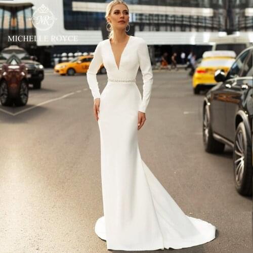 Michelle Royce A-Ling Wedding Dresses 2020 Sexy V-neck Long Sleeve Backless Beaded Court Train Wedding Dresses Vestido De Novia