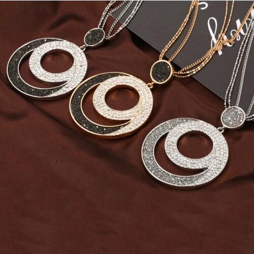 Trendy Women Statement Necklace Geometric Big Circle Crystal Pendant Necklaces Long Sweater Chain Fashion Jewelry Gift For Girl
