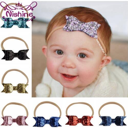 Nishine New 16 Colors Glitter Leather Hair Bow Headband Sequin Bowknot Khaki Nylon Elastic Hairbands Newborn Girl Hair Accessory