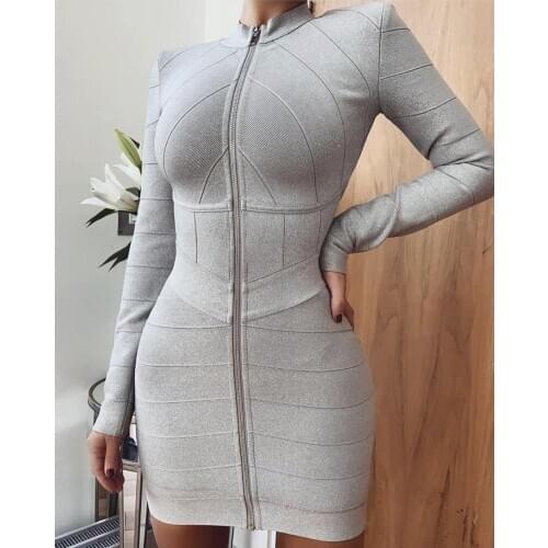 2020 New Arrival Winter Women Sexy Designer Full Sleeve Zipper Gray Bandage Dress Sparkly Bodycon Party Dress Vestido
