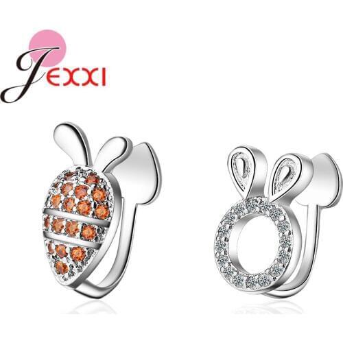 New Statement Shiny Asymmetrical 925 Sterling Silver Rabbit Carrot Ear Clip Korean Sweet Student CZ Cubic Zircon Daily Earrings