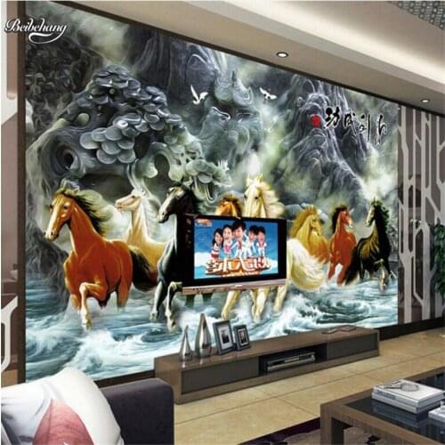 Beibehang Horse to the success of embossed murals TV backdrop custom large fresco nonwovens super green wallpaper
