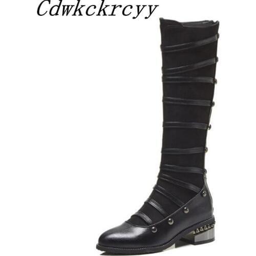 Autumn winter New style fashion Cusp Blue Patchwork rivet Side zipper Knight boots Cashmere Keep warm personality Women Boots