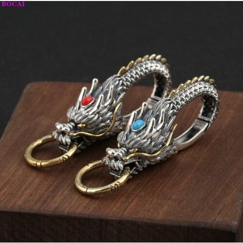 BOCAI S925 Sterling Silver Pendant Fashion Thai Silver Chinese Dragon Keychains Pure Argentum Patron Saint Safety Wealth Amulet